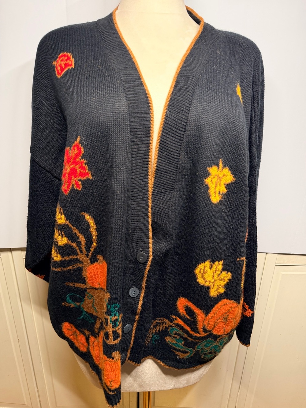 Vintage Plus Size Fall Pumpkin Novelty Knit Cardigan Made in USA Retro Kitschy
